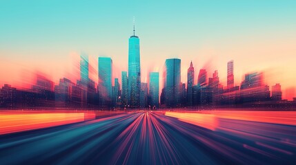 Fototapeta premium A dynamic view of a downtown skyline under a soft evening glow.
