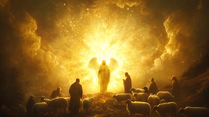 Glowing majestic angel appearing before a group of shepherds and their flock surrounded by radiant divine clouds and warm heavenly light in a tranquil spiritual scene