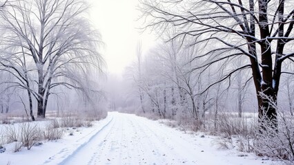 Obraz premium Serene Winter Pathway: Capture the Beauty of Snowy Trails and Bare Trees in a Calm, White Landscape