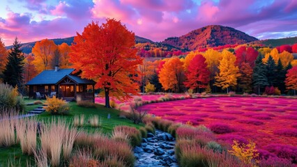 Obraz premium Vibrant Autumn Landscape with Rustic Cabin, Capturing Nature's Splendor for Wall Art or Home Decor