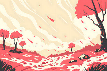 a red and pink landscape with a red tree in the background.