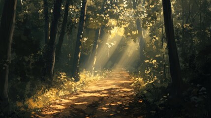 Obraz premium Sunlit Forest Path: A Digital Painting of Tranquility