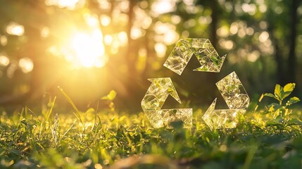 Naklejka premium Glowing Recycling Symbol Surrounded by Lush Greenery in a Sunlit Forest Landscape Representing the Concept of Sustainability and Environmental Conservation