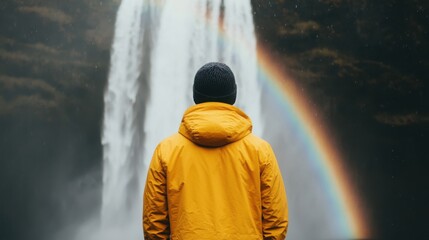 Photographer capturing a dramatic waterfall with a rainbow nature landscape outdoor scenic