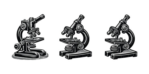 set of microscope black and white vector illustration. black and white hand drawn image isolated background