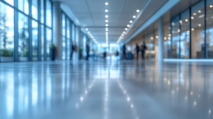 blurred view of a modern open office space featuring sleek furniture, contemporary design, and large windows with natural light, conveying productivity, collaboration, and a dynamic work environment