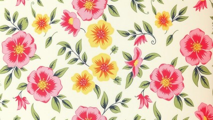 Obraz premium Vibrant Floral Pattern Wallpaper: Brighten Up Your Space with Colorful Pink and Yellow Flowers