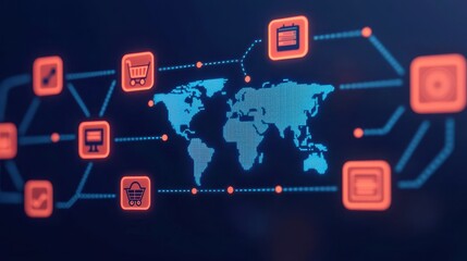 Global E-commerce Network Visualization with Shopping Icons and Data Flow Representing Online Transactions and Market Connectivity in the Digital Age