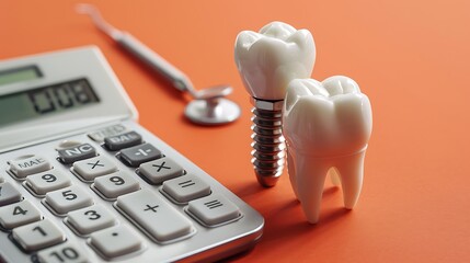 Dental teeth implant over calculator for hospital expenses on blank orange background