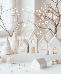 Naklejka premium cozy scene of little white houses with warm gold lights glowing softly near a window, creating a peaceful and festive atmosphere, perfect for the holiday decor blog/web/magazine/post