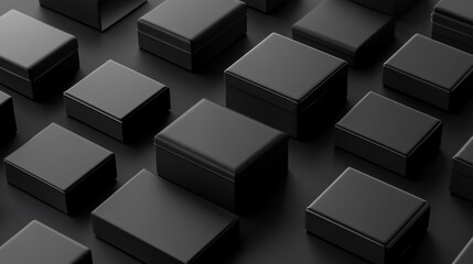 Minimal black gift boxes arranged in a grid pattern on a dark background.