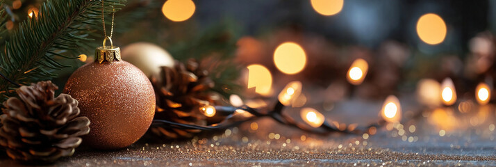 A glittery copper Christmas bauble surrounded by pine cones and softly glowing string lights, creating a warm, festive, and cozy holiday atmosphere.