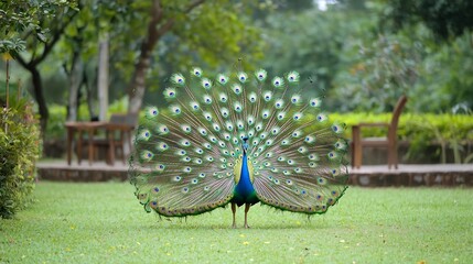 Obraz premium Majestic and vibrant peacock with its stunning feathers fully spread showcased against a lush natural garden backdrop with verdant foliage and greenery