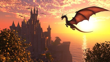 Fototapeta premium Majestic fantasy dragon soaring over a grand medieval castle during a breathtaking dramatic sunset with a mystical enchanting atmosphere in an epic fairytale like landscape