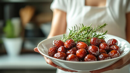 bowl filled with fresh dates placed on a clean white kitchen countertop symbolizing nourishment, health, and abundance in a modern home setting