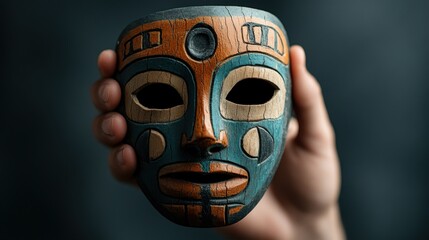 Handheld Ornate Wooden Mask with Intricate Carvings Symbolizing Cultural Heritage and Tradition in Ethnic Artistry, Perfect for Artistic and Historical Representation