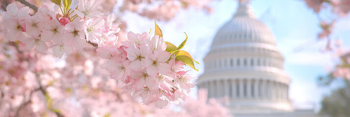 The image beautifully contrasts the delicate cherry blossoms against the iconic dome of a famous government building, symbolizing the onset of spring and renewal.