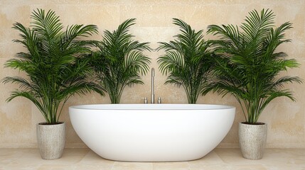 Obraz premium Modern Bathroom Design Freestanding Tub Lush Greenery Tranquil Oasis