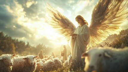 Obraz premium Radiant angel bathed in glowing light appears before shepherds and their flock surrounded by soft white clouds in a serene heavenly setting with warm earthy tones A sacred divine