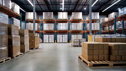 Modern Warehouse with Pallets of Goods Neatly Arranged on High Shelves and Bright Lighting