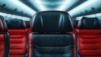 Travel restrictions protect global health. A close-up view of a black airplane seat with red accents, set against a blurred background of other seats and ambient lighting.