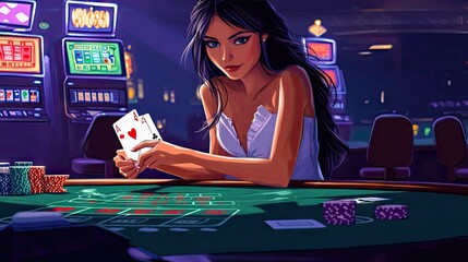 A beautiful South Asian woman with long dark hair plays cards at a casino table, exuding confidence and allure.
