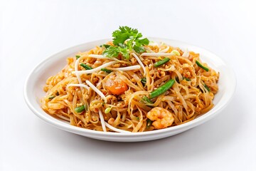 Delectable Pad Thai Dish with Shrimp,Vegetables,and Aromatic Spices Served on a Plate
