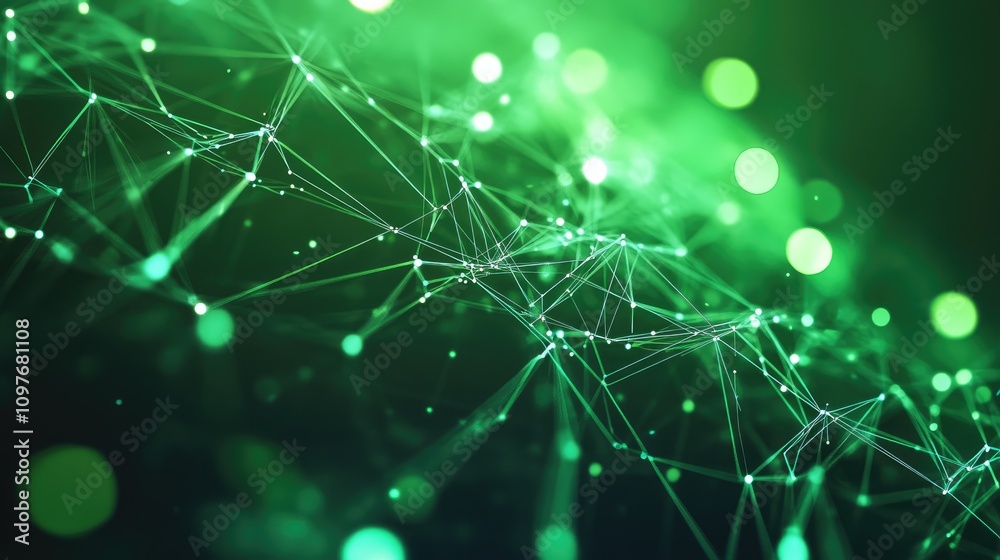 Poster a mesmerizing abstract digital network with glowing green lines and dots, creating a vibrant and dyn