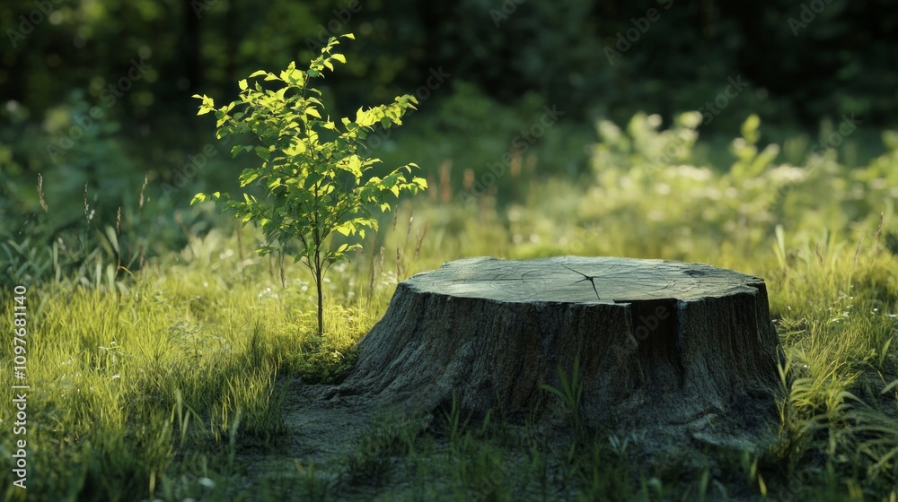 Poster a small tree is growing out of a stump in a grassy field