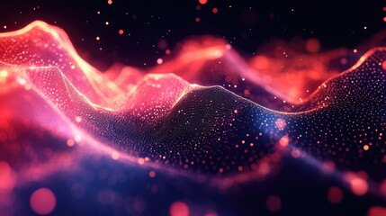 Abstract digital landscape with mesmerizing red and blue glowing particles creating a wave-like effect.