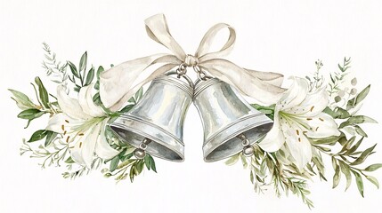 Romantic silver wedding bells with a metallic shine adorned with beautiful lilies and lush greenery bound by a flowing ribbon for a classic and elegant wedding theme or holiday