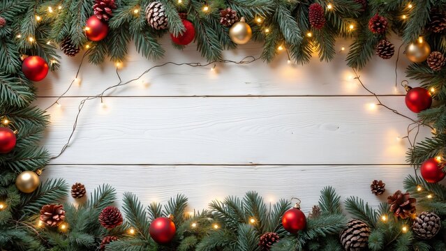 Festive Christmas Garland Frame with Lights & Bokeh on White Wood