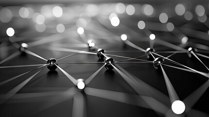 Close-up of interconnected metallic spheres glowing in a network pattern, creating a futuristic ambiance.