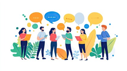 Fototapeta premium Diverse group of young adults engaging in digital communication, surrounded by colorful speech bubbles and foliage.