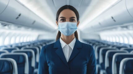 Travel restrictions protect global health. A flight attendant in a blue uniform and mask stands in an empty airplane cabin, emphasizing safety and professionalism in air travel.
