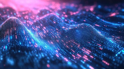 Abstract digital landscape with vibrant blue and pink glowing particles, creating a mesmerizing wave-like texture.