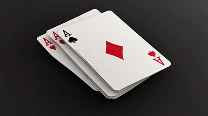 Obraz premium A dynamic arrangement of playing cards featuring three Aces: hearts, diamonds, and spades against a dark background.