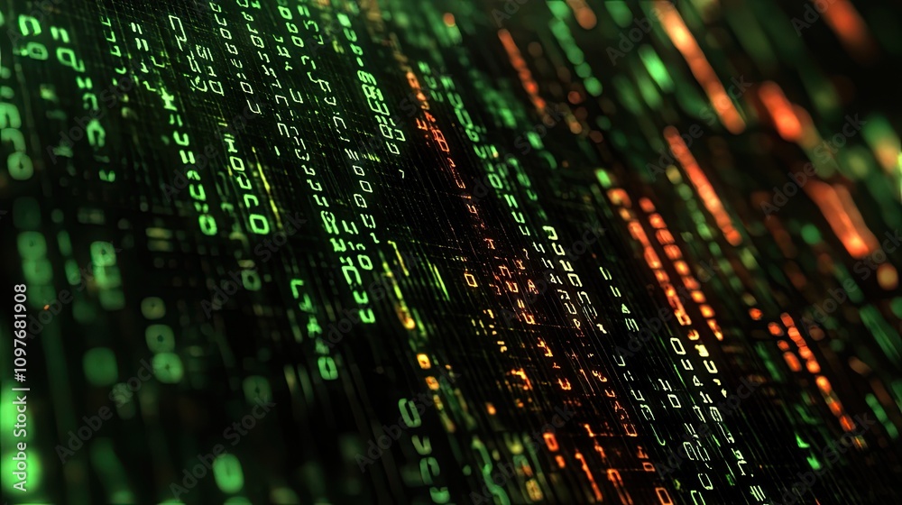 Aufkleber a vibrant digital backdrop featuring cascading green and orange binary code.