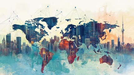 Abstract world map overlaying a vibrant city skyline, symbolizing globalization and connectivity.