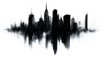 Minimalist high-rise cityscape in black and white with soft fog.