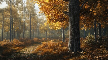 Obraz premium A serene autumn forest scene with golden leaves under soft sunlight, creating a tranquil and inviting atmosphere.