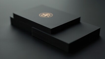 Realtor business card. A sleek stack of black business cards with \"REALTOR\" in metallic letters. The minimalist design conveys professionalism and style.