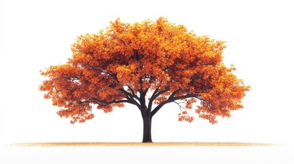 A majestic orange tree stands out against a white background, showcasing its vibrant autumn foliage.