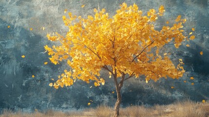 A vibrant yellow tree stands against a textured blue background, evoking a sense of autumn beauty and serenity.