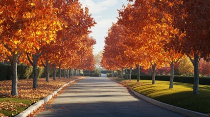 A tranquil pathway lined with vibrant orange autumn trees, creating a serene and picturesque fall scene.