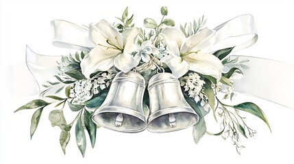 Soft and romantic watercolor of silver bells with floral accents of lilies and green leaves tied with a white ribbon for a beautiful wedding or holiday theme  Elegant delicate
