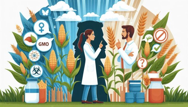 Vector illustration of a debate between a scientist and organic farmer, highlighting the controversial issue of GMOs in agriculture with symbolic imagery and contrasting perspectives.