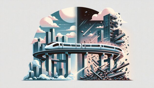 Futuristic hyperloop train glides past a scene of urban decay and crumbling infrastructure in a conceptual illustration