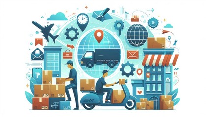 Illustration of last-mile package delivery challenges with intricate design elements highlighting logistics issues