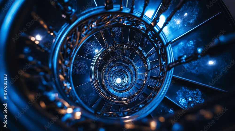 Poster minimalist spiral staircase shot from above, creating a hypnotic swirl